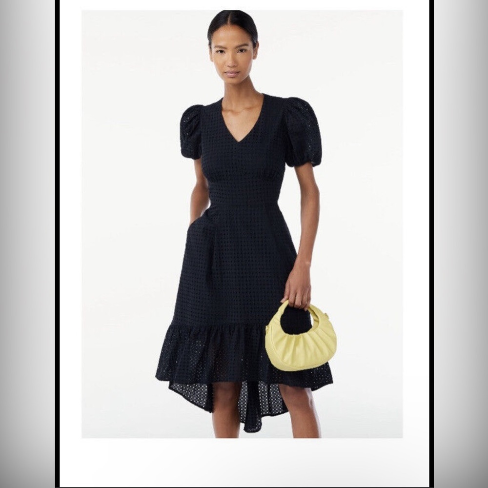 Scoop Women's High Low Eyelet Midi Dress with Puff Sleeves